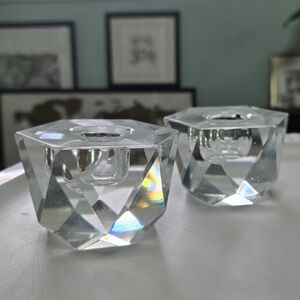 Vintage Heavy Crystal Geometric Hexagon Candle Holders